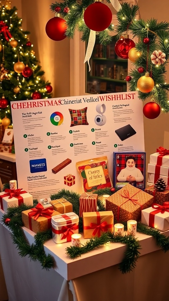 Christmas Wishlist Ideas with Prices A colorful Christmas wishlist with various gift items on a festive table.